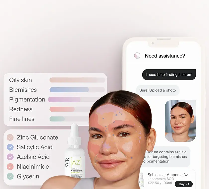 Young woman with AI facial skin analysis displaying results of different skin concerns and a personalised product recommendation with its ingredients and a phone with conversational messages. Mobile Hero Image